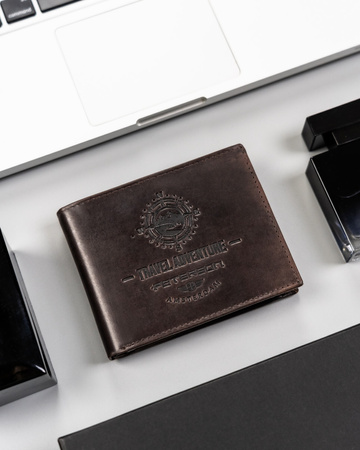 Portfel męski skórzany z tłoczeniem i RFID - Peterson ciemny brązowy