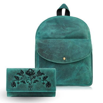 Plecak skórzany damski zielony z portfelem w zestawie marki Paolo Peruzzi