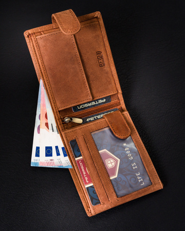 Poziomy portfel męski ze skóry naturalnej, system RFID Protect - Peterson