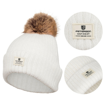 Ciepła biała czapka damska z futerkiem - Peterson