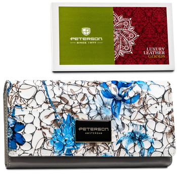 Portfel damski ze skóry naturalnej w kwiatowy wzór wyposażony w system RFID - Peterson