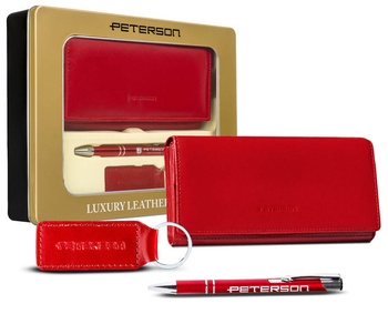 Zestaw prezentowy: skórzany portfel damski, brelok i długopis - Peterson
