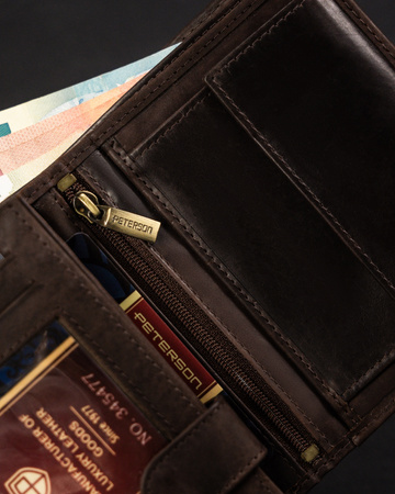Portfel męski ze skóry naturalnej - Peterson, duży, pionowy, brązowy