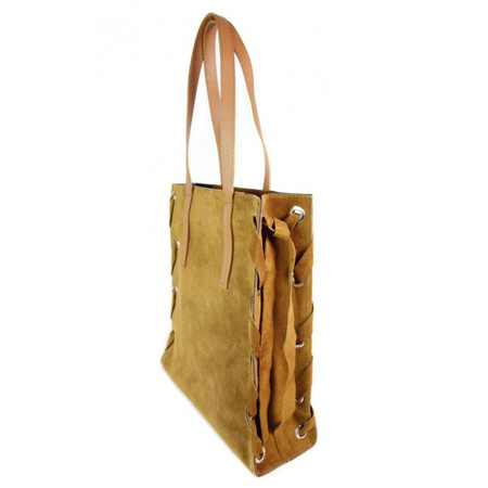 Zamszowa torba Shopper bag ,duży worek, kółka,  Vera Pelle pojemny Camel  WK745C