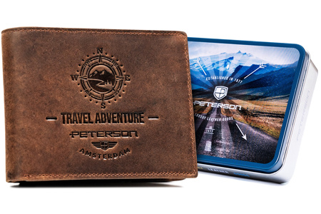 Portfel męski skórzany z tłoczeniem - Peterson, duża pojemność, brązowy