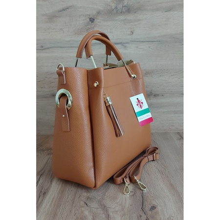 Włoski kuferek Shopperka A4 ,złote okucia + frędzelek  Vera Pelle  Camel KLV33C