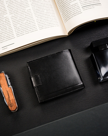 Portfel męski skórzany czarny Rovicky z zatrzaskiem i RFID