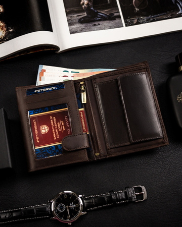 Portfel męski ze skóry naturalnej - Peterson, duży, pionowy, brązowy