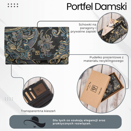 Portfel damski skórzany duży z orientalnym printem Paolo Peruzzi T-01-G