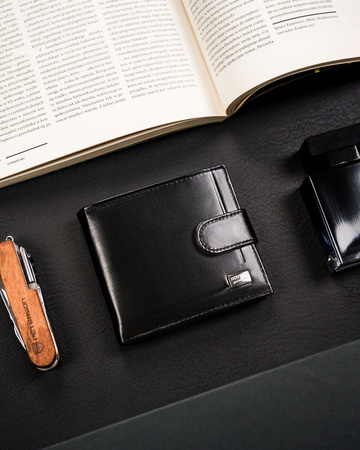 Portfel męski skórzany czarny Rovicky z zatrzaskiem i RFID