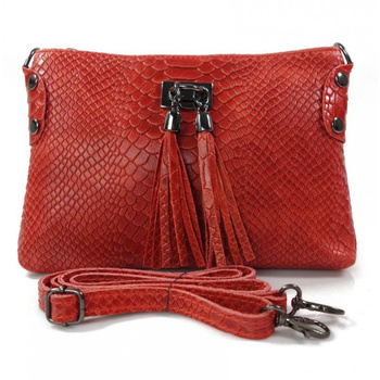Skórzana włoska listonoszka ,wężowa skórka,frędzelki  czerwona  LP149R