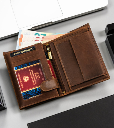 Portfel męski skórzany Peterson - Duży, pionowy, z RFID i kieszonką na monety
