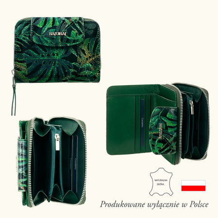 Portfel damski BajuBaj z suwakiem, elegancki, zielony, skórzany