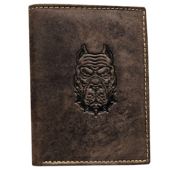 Portfel męski ze skóry naturalnej w brązowym kolorze z tłoczeniem w kształcie głowy psa