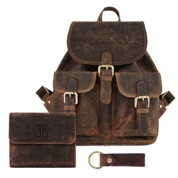 Zestaw skórzanych akcesoriów dla kobiet: plecak, portfel, brelok