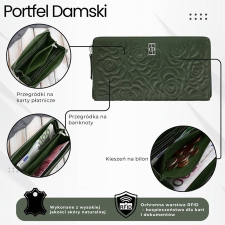 Ciemnozielony portfel damski skórzany z toczeniem kwiatowym RFID Paolo Peruzzi  AL-13-GB