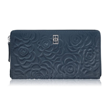 Poziomy portfel damski skórzany granatowy w kwiaty z metalowym logo Paolo Peruzzi AL-13-NV