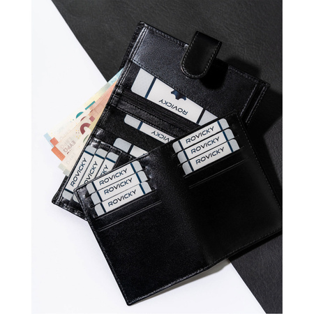 Skórzany, czarny portfel męski z zapięciem i systemem RFID - Rovicky