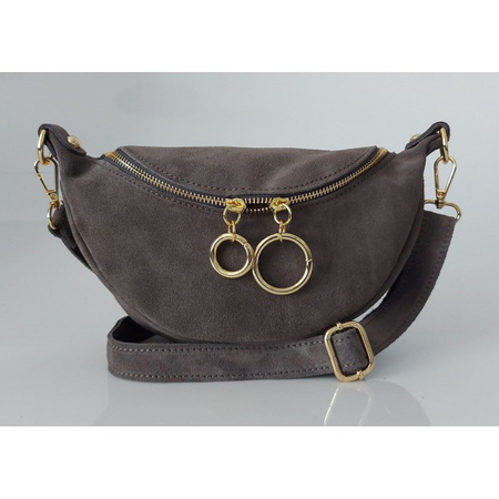 Włoska zamszowa listonoszka, nerka Vera Pelle złote okucia kółka Szara LN633G