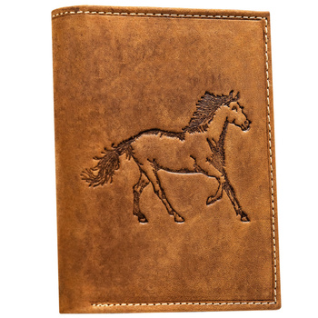 Duży, skórzany portfel męski w kolorze brązowym z tłoczeniem w kształcie konia