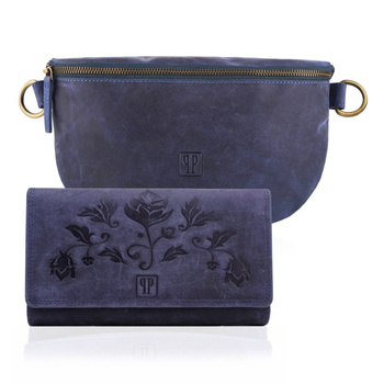 Portfel skórzany i saszetka damska granatowa w stylu retro