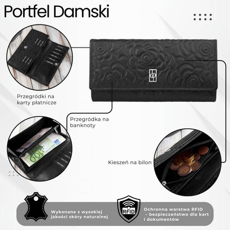 Portfel damski skórzany z toczeniem w kwiaty czarny z ochroną RFID Paolo Peruzzi AL-12-BL