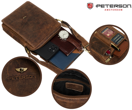 Listonoszka męska ze skóry naturalnej brązowa z złotymi okuciami - Peterson