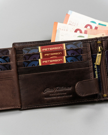 Portfel męski skórzany z tłoczeniem i RFID - Peterson ciemny brązowy