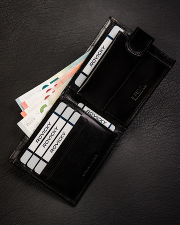 Portfel męski skórzany czarny Rovicky z zatrzaskiem i RFID