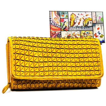 Musztardowy portfel z geometrycznym wzorem skóra naturalna - Rovicky