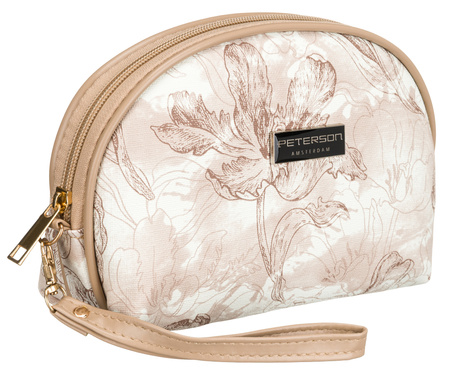 Kompaktowa, beżowa kosmetyczka damska z botanicznym printem - Peterson