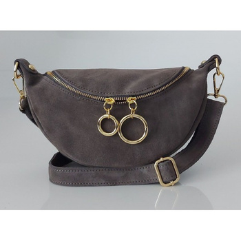 Włoska zamszowa listonoszka, nerka Vera Pelle złote okucia kółka Szara LN633G