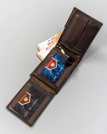 Portfel męski skórzany z tłoczeniem i RFID - Peterson ciemny brązowy