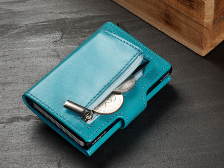 Portfel SOHO Zip wykonany z delikatnej, ekskluzywnej skóry Italia turkusowy