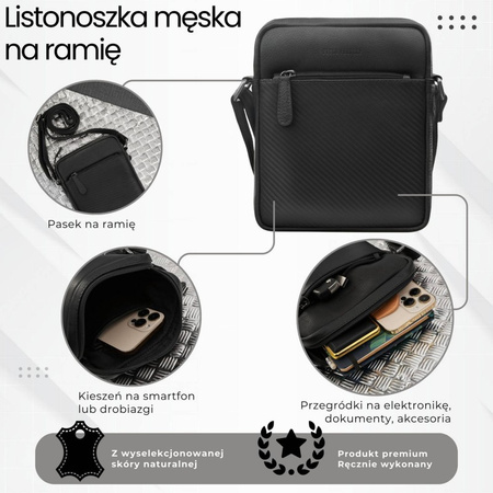Saszetka męska skórzana na ramię z toczeniem typu carbon czarna Paolo Peruzzi AL-19-BL