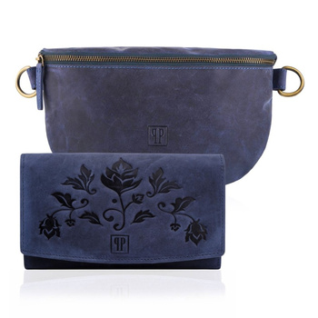 Saszetka damska granatowa z portfelem skórzanym w stylu retro