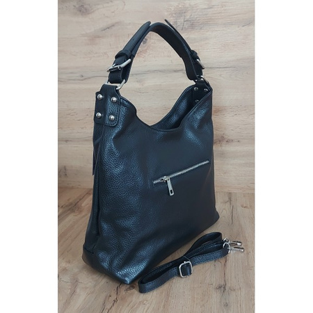 Torebka worek skórzana Vera Pelle, czarna, włoska, pojemna VORX12N