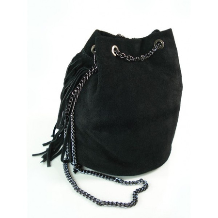 ZAMSZOWA LISTONOSZKA WOREK  FRĘDZLE  WŁOSKA SKÓRZANA CZARNA TOREBKA  WL45N