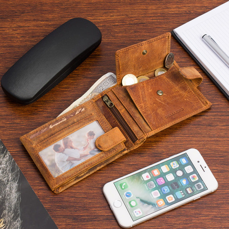 Portfel skórzany męski z tłoczeniem koń Bellugio - wielbłądzi