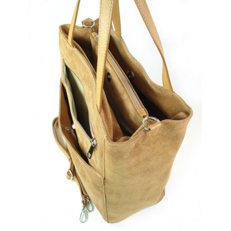 Shopper bag Vera Pelle  gruby zamsz aksamitny pojemny worek na ramię   Camel SV55C
