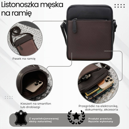 Saszetka męska skórzana na ramię z toczeniem typu carbon brązowa Paolo Peruzzi AL-19-BR