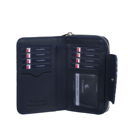 Portfel damski Canaletto z granatowej skóry z RFID – elegancja i bezpieczeństwo