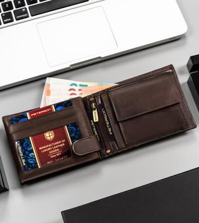 Portfel męski skórzany z tłoczeniem i RFID - Peterson ciemny brązowy