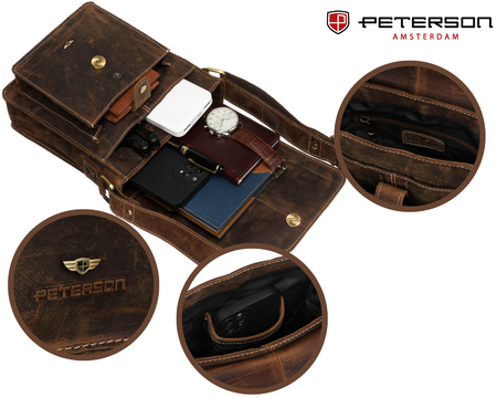 Listonoszka męska Peterson w brązowej skórze ze złotymi detalami