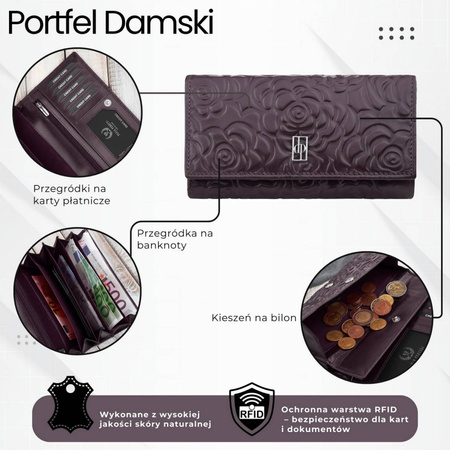 Duy portfel damski skórzany przestronny burgundowy w kwiaty Paolo Peruzzi AL-14-BGD