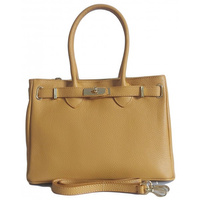 Włoska skórzana torebka kuferek do ręki Vera Pelle, złote okucia  Camel KMA35C