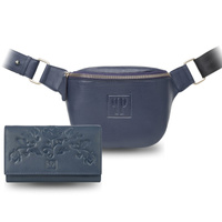 Portfel damski T-45 z saszetką T-97, granatowy skórzany zestaw prezentowy