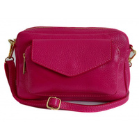 Urocza Włoska skórzana listonoszka Vera Pelle , pojemna złote okucia Fuksja MCZ45FUC