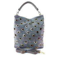 Zamszowy worek, złote okucia,dżety, kółka, Vera Pelle pojemny Szary WK579GZ