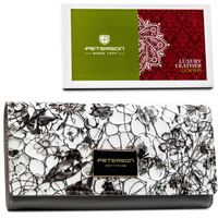 Poziomy portfel damski ze skóry naturalnej w kwiatowy, kolorowy wzór, zamykany na zatrzask - Peterson